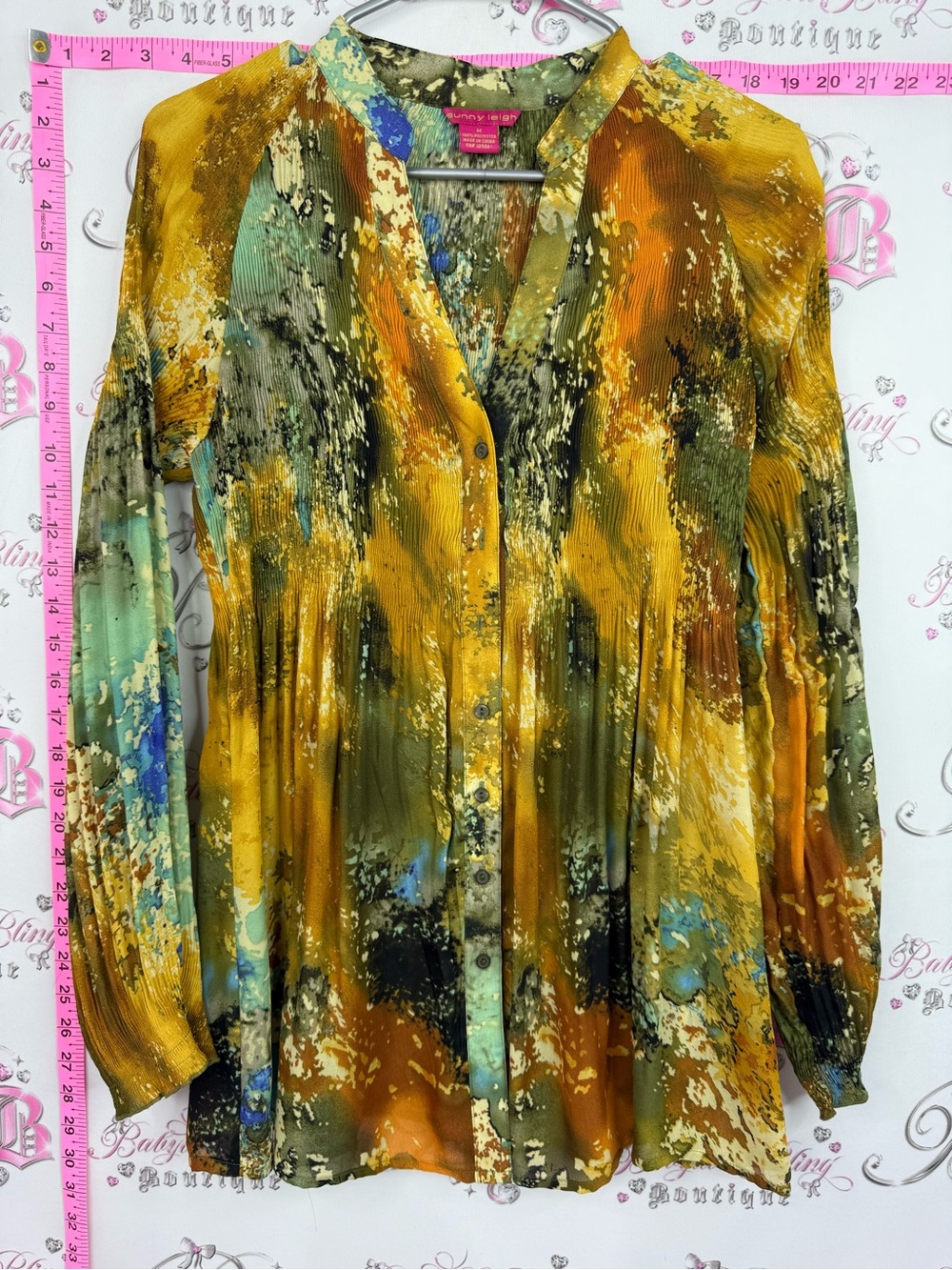 Sunny Leigh Yellow Olive Abstract Button-Front Blouse